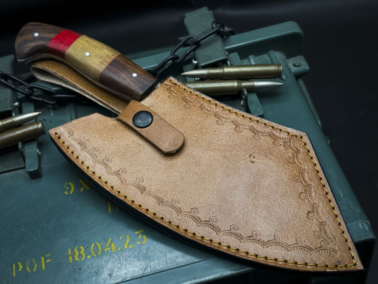 Handmade Damascus Steel Hunting Chef Cleaver Knife with Wood Handle & Leather Sheath