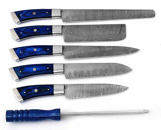 Custom Damascus Steel Kitchen Knife Set – 6 Pc Blue Pakka Wood Handles
