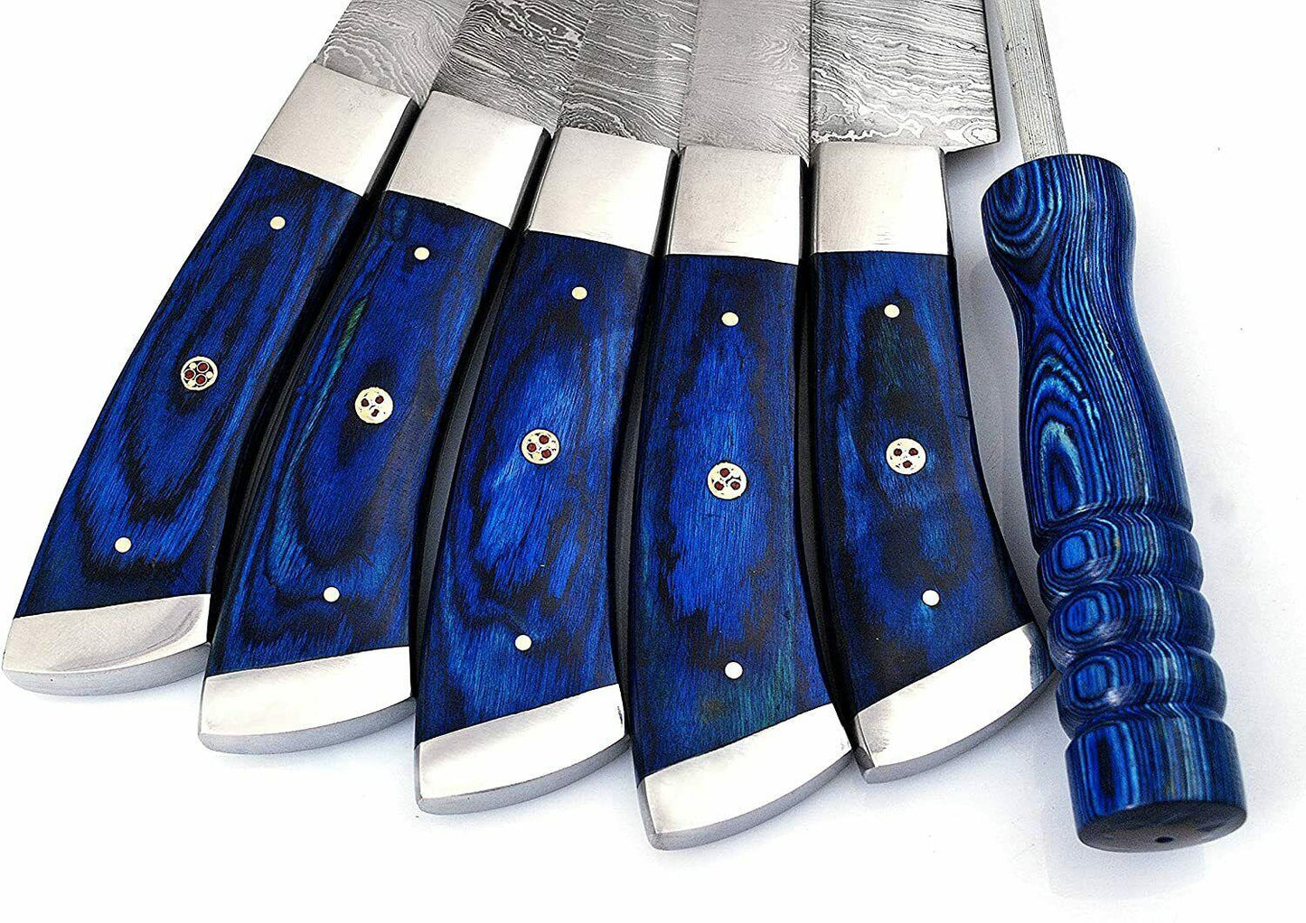 Custom Damascus Steel Kitchen Knife Set – 6 Pc Blue Pakka Wood Handles