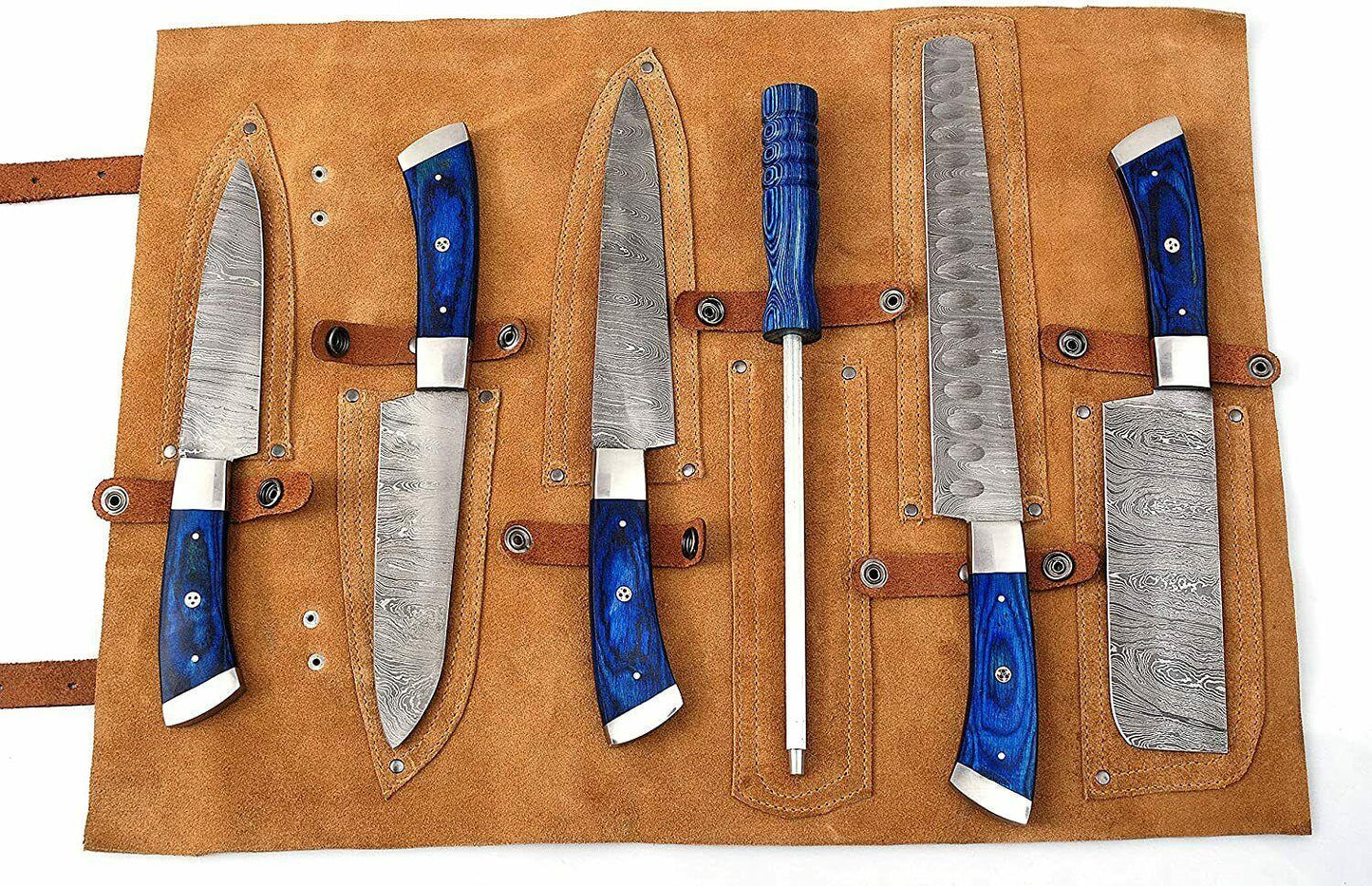 Custom Damascus Steel Kitchen Knife Set – 6 Pc Blue Pakka Wood Handles