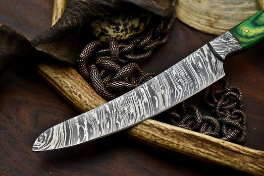 Handmade Damascus Steel Chef Kitchen Knife | Full Tang with Hard Wood Handle – 13"