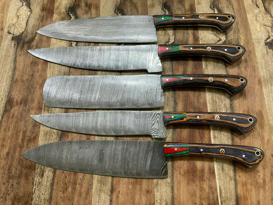 Exquisite 5-Piece Custom Handmade Damascus Steel Kitchen Chef Knife Set | Professional Cooking Knives