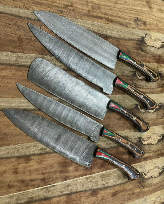 5-Piece Handmade Damascus Steel Chef Knife Set – Custom Kitchen Cutlery with Wood Handle