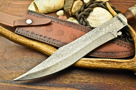 12" Handmade Damascus Bowie Knife | Stained Camel Bone Handle