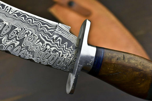 14.5" Damascus Steel Bowie Knife with Walnut Wood Handle Handmade