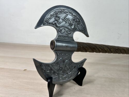 25 Inch Double Headed Viking Battle Axe Hand Forged Steel Blades with Carved Wooden Handle and Leather Sheath