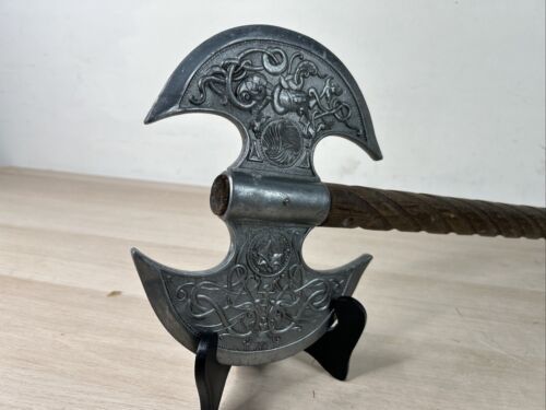 25 Inch Double Headed Viking Battle Axe Hand Forged Steel Blades with Carved Wooden Handle and Leather Sheath