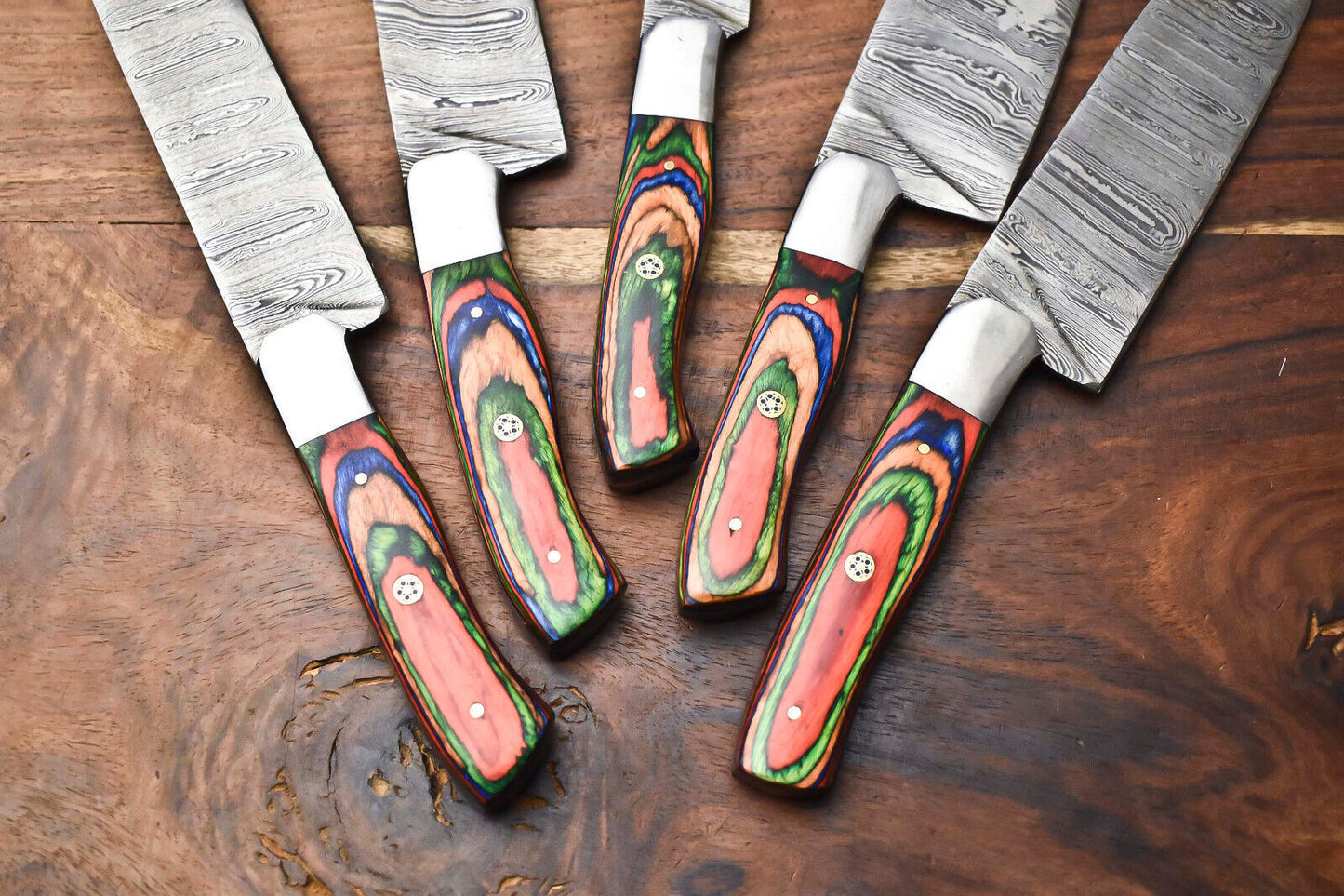 Custom Lot of 5 Handmade Hammered Damascus Steel Chef Knife Set – 384 Layer Real Forged Blades
