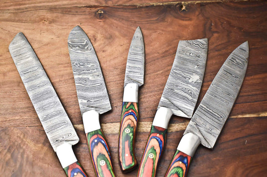 Custom Lot of 5 Handmade Hammered Damascus Steel Chef Knife Set – 384 Layer Real Forged Blades