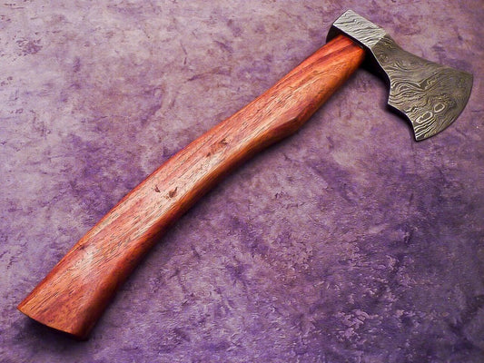 Handmade Damascus Steel Axe Limited Edition Unique Collectible with Natural Wood Handle and Leather Sheath