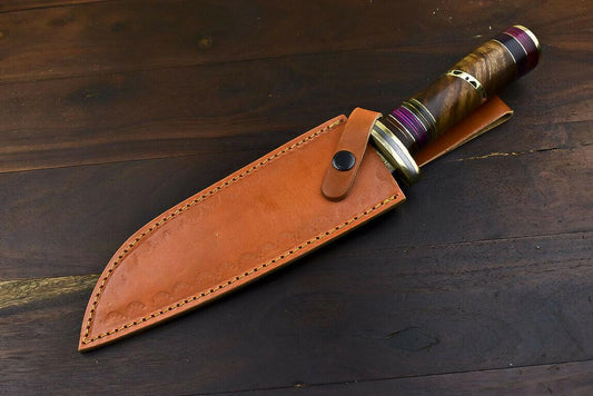 13.7" Damascus Steel Tactical Bowie Knife with Walnut Wood Handle