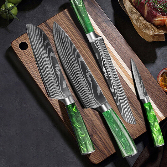 Green 2PC Japanese Style Kitchen Knife Set – Laser Damascus Pattern Chef Knives with Scabbard