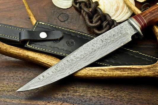 15" Damascus Bowie Knife | Camel Bone & Walnut Masterpiece