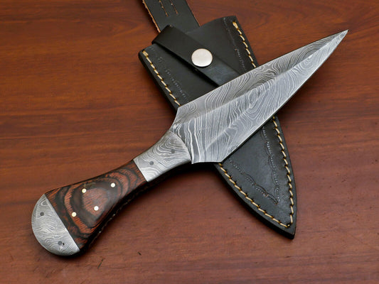 Custom Handmade 8" Damascus Boot Bowie Knife with Pakka Wood Handle & Leather Sheath