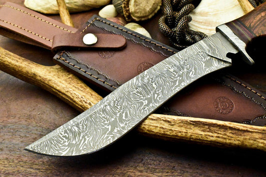 14" Handmade Damascus Steel Bowie Knife – Walnut Wood Handle with Leather Sheath