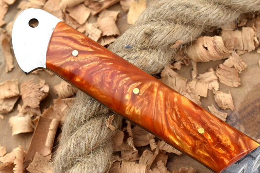 Custom Handmade Damascus Steel Chef Knife – 11" Kitchen Knife with 6" Sharp Blade & Orange Resin Handle