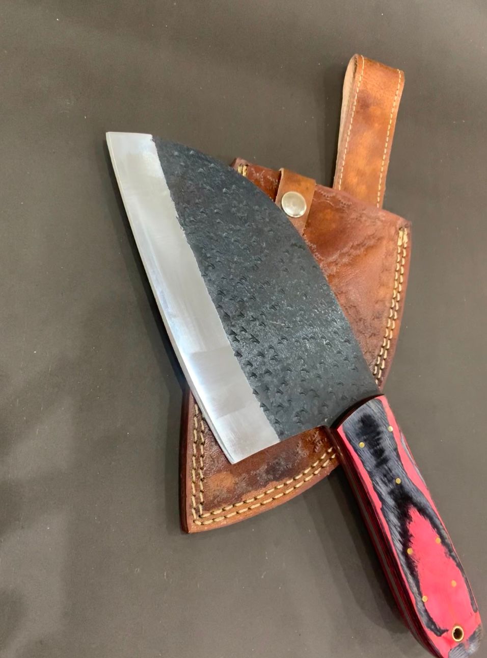 Vintage Japanese Damascus Steel Meat Cleaver – 7" Butcher Chef Kitchen Knife with Leather Sheath