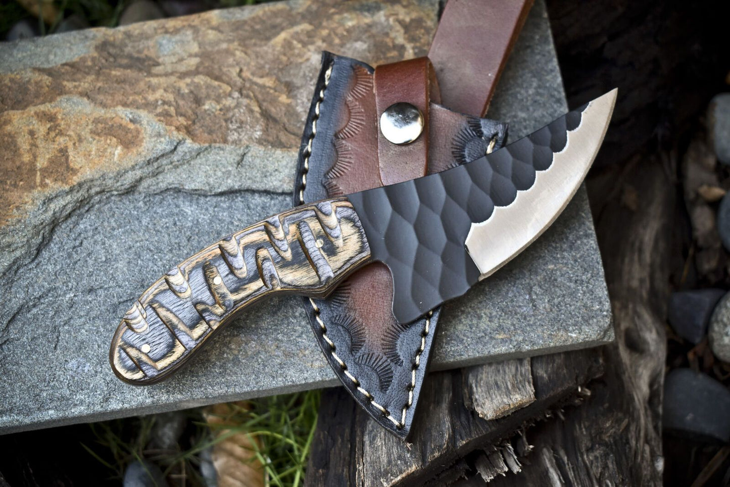 8" AUS-8 Steel Skinner Knife – Hardwood Handle, Leather Sheath, Rare Hunting Edition