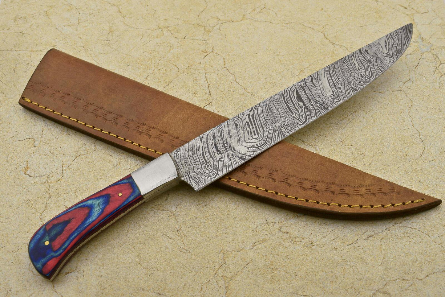 RARE CUSTOM DAMASCUS LARGE CHEF Kitchen Chef Knife - PAKKA WOOD