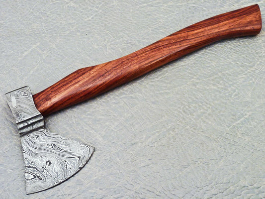15" Hand Forged Damascus Steel Hunting Axe With Natural Wood Handle & Leather Sheath