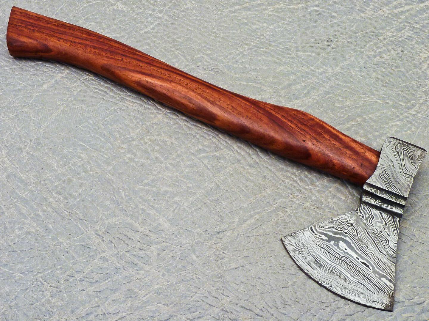 15" Hand Forged Damascus Steel Hunting Axe With Natural Wood Handle & Leather Sheath