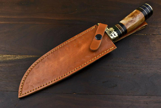 12.6" Handmade Damascus Steel Bowie Knife with Camel Bone Handle & Leather Sheath