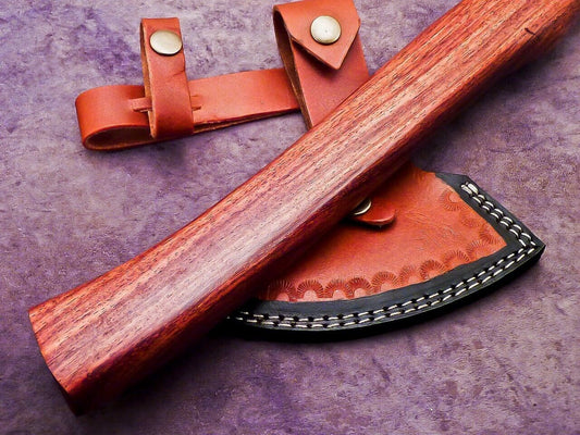 Handmade Damascus Steel Axe Unique Limited Edition with Natural Wood Handle and Leather Sheath