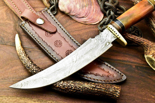 13" Handmade Damascus Hunting Bowie Knife | Stained Camel Bone Handle