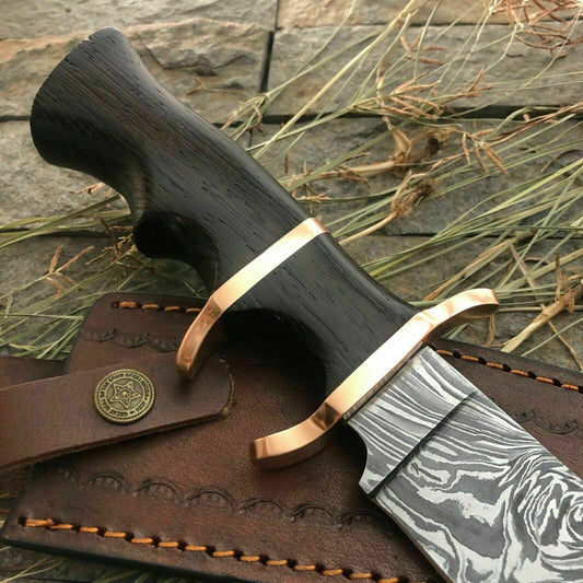 Custom Damascus Bowie Knife with Twisted Pattern and Wood Handle 13 Inch