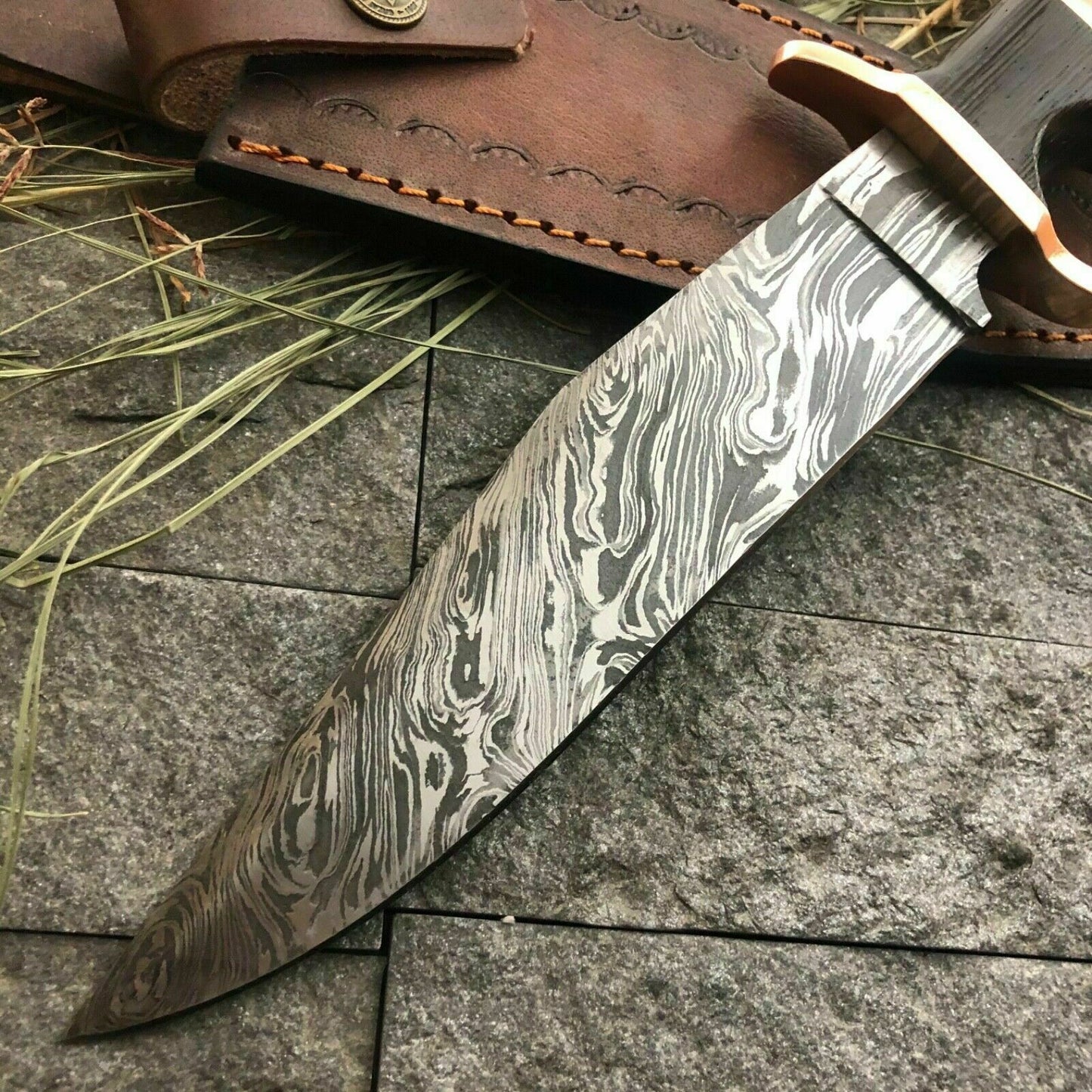 Custom Damascus Bowie Knife with Twisted Pattern and Wood Handle 13 Inch