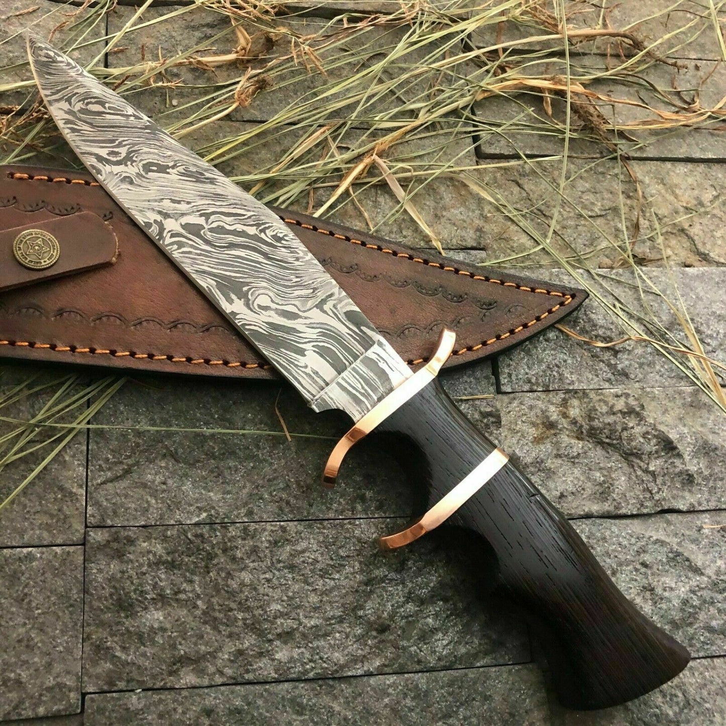 Custom Damascus Bowie Knife with Twisted Pattern and Wood Handle 13 Inch