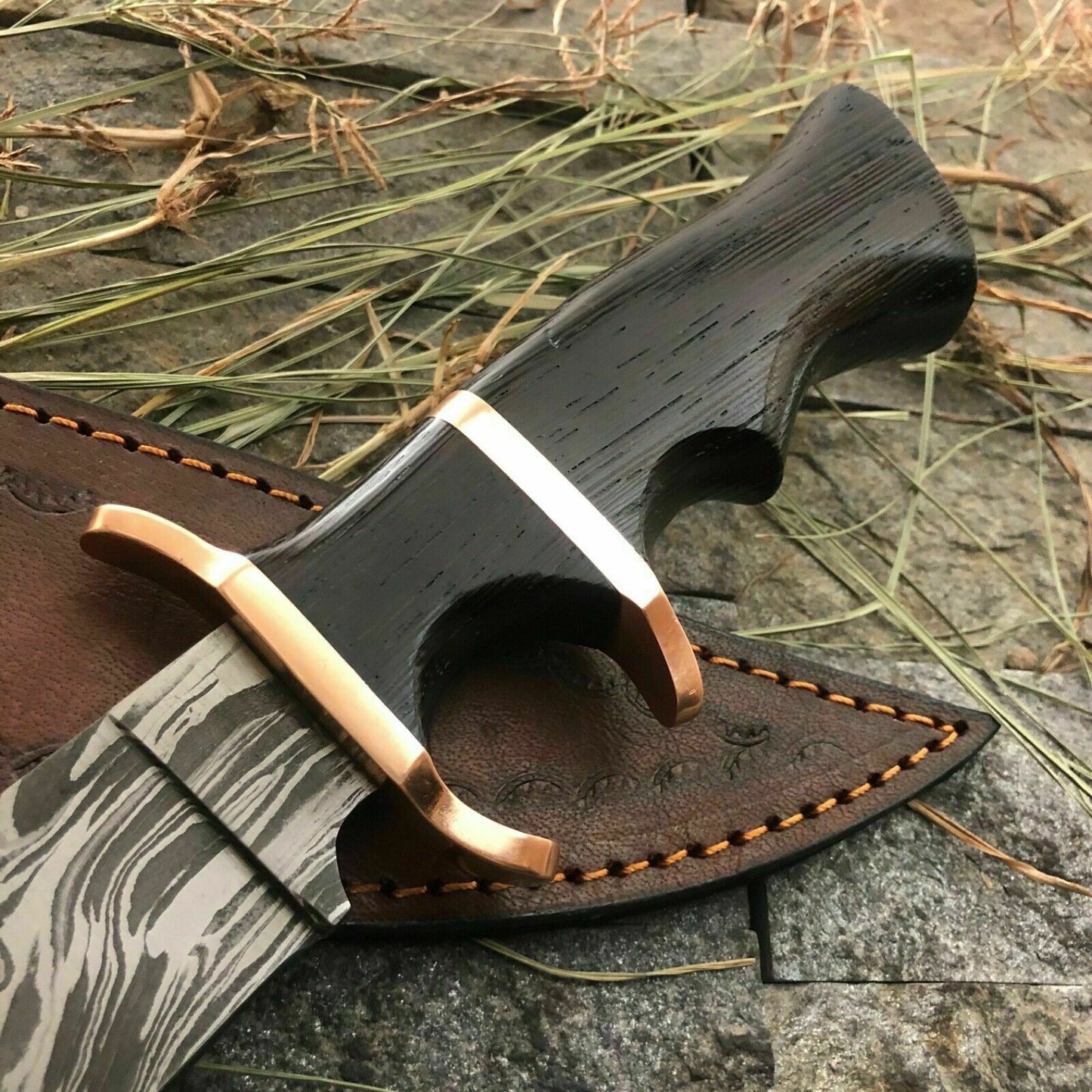 Custom Damascus Bowie Knife with Twisted Pattern and Wood Handle 13 Inch