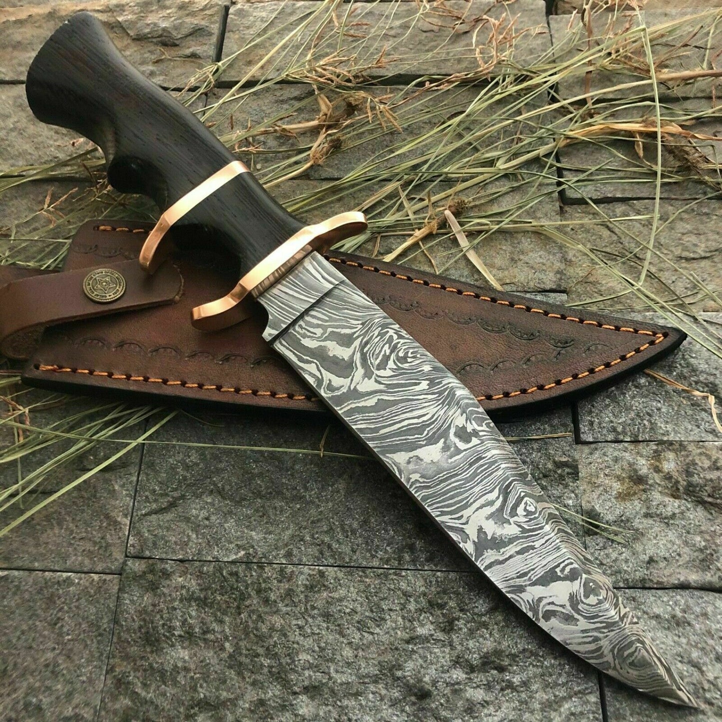 Custom Damascus Bowie Knife with Twisted Pattern and Wood Handle 13 Inch