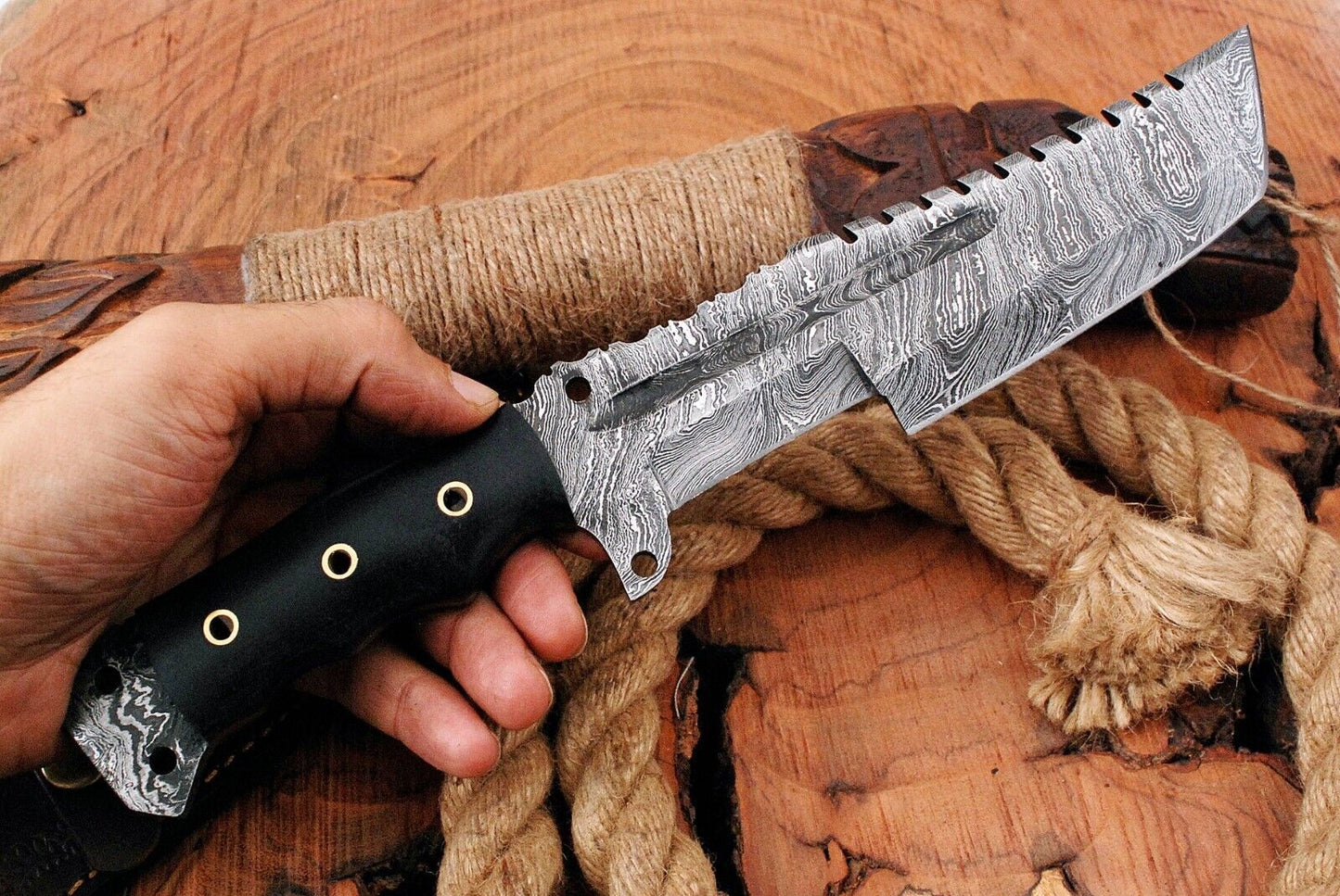 12" Handmade Damascus Steel Tracker Knife – Hunting, Bushcraft, Survival, Camping EDC with Bull Horn Handle & Leather Sheath