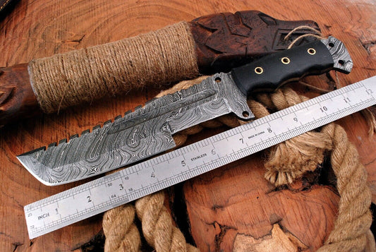 12" Handmade Damascus Steel Tracker Knife – Hunting, Bushcraft, Survival, Camping EDC with Bull Horn Handle & Leather Sheath