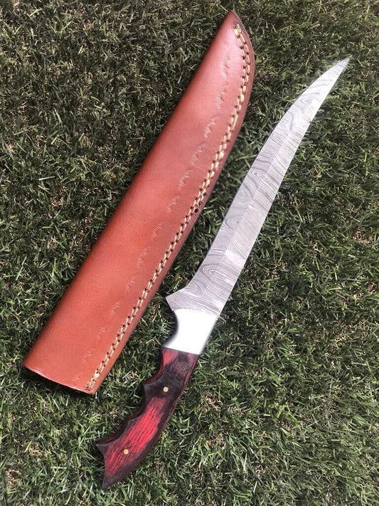 13" Custom Handmade Damascus Steel Fillet, Chef, Brisket & Hunting Knife with Leather Sheath