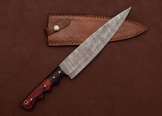 Handcrafted Damascus Steel Chef & Fillet Knife with 8" Blade and Pakka Wood Handle