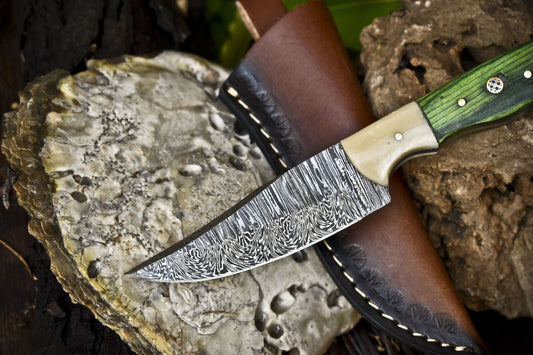 8" Hand Forged Skinner Knife Twist Damascus Hardwood Handle with Sheath