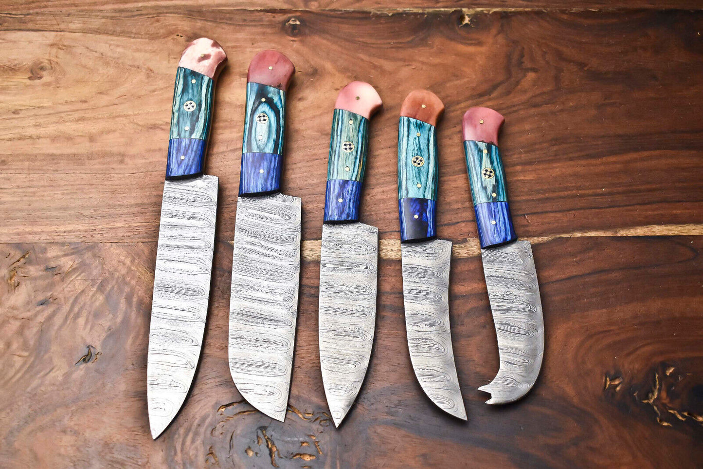 Custom Lot of 5 Handmade Hammered Damascus Steel Chef Knives – 384 Layer Professional Kitchen Set