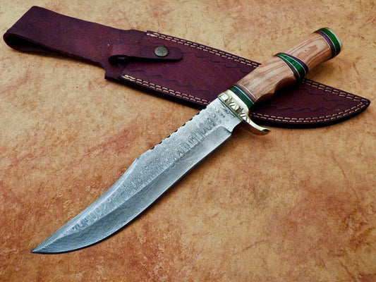Heritage Forge Damascus Steel Bowie Knife with Olive Wood Handle for Camping and Hunting