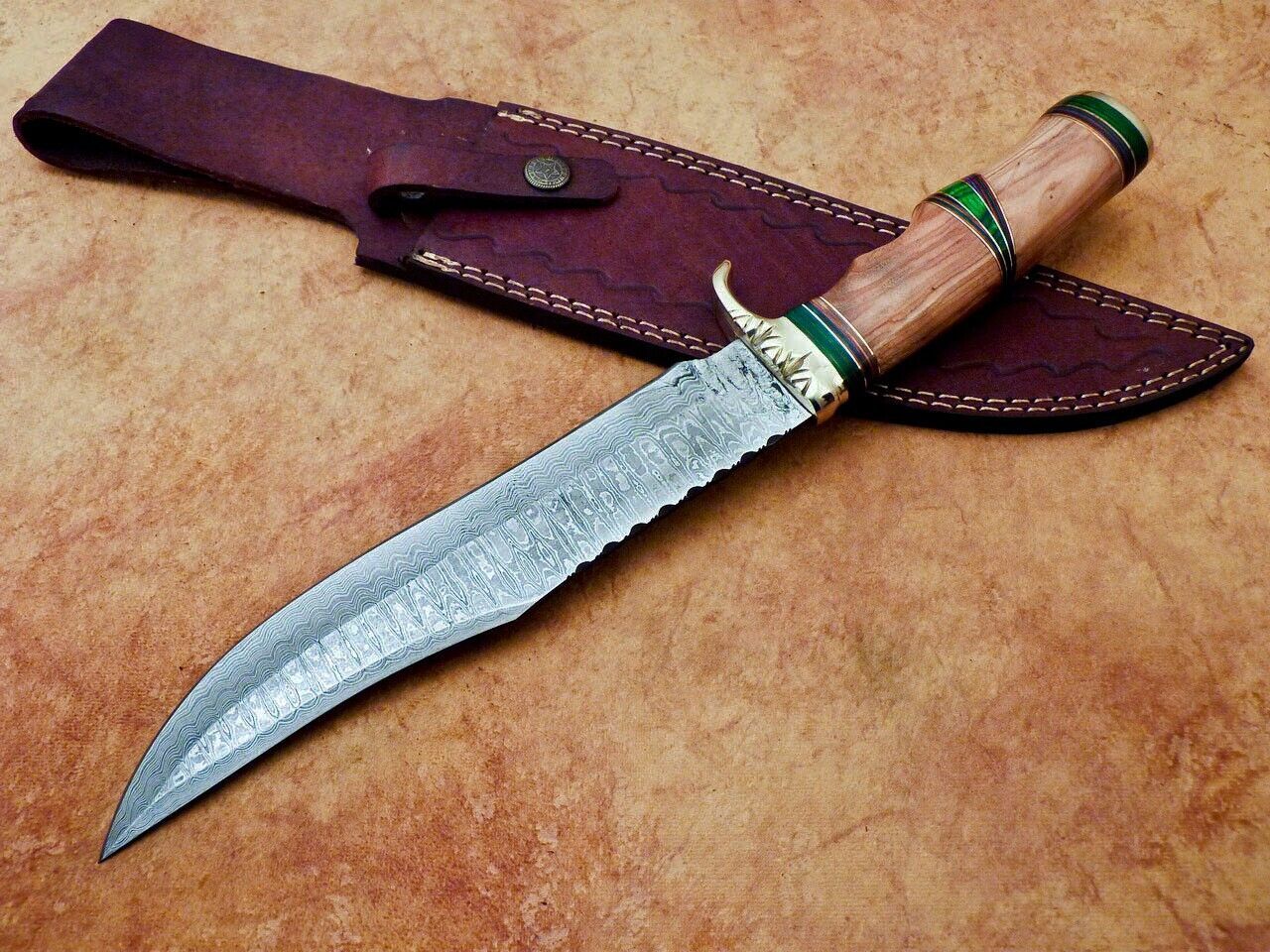 Heritage Forge Damascus Steel Bowie Knife with Olive Wood Handle for Camping and Hunting