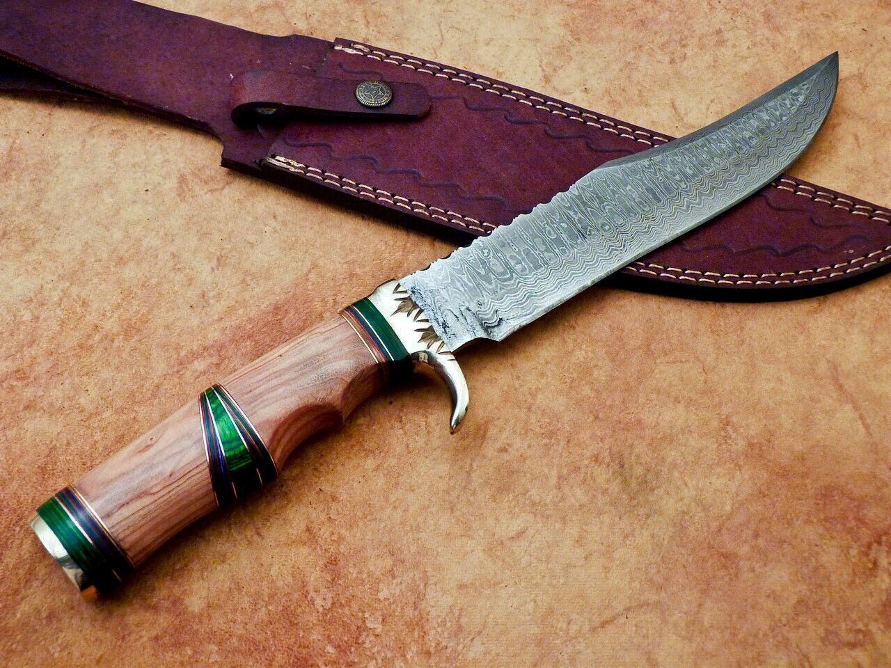 Heritage Forge Damascus Steel Bowie Knife with Olive Wood Handle for Camping and Hunting