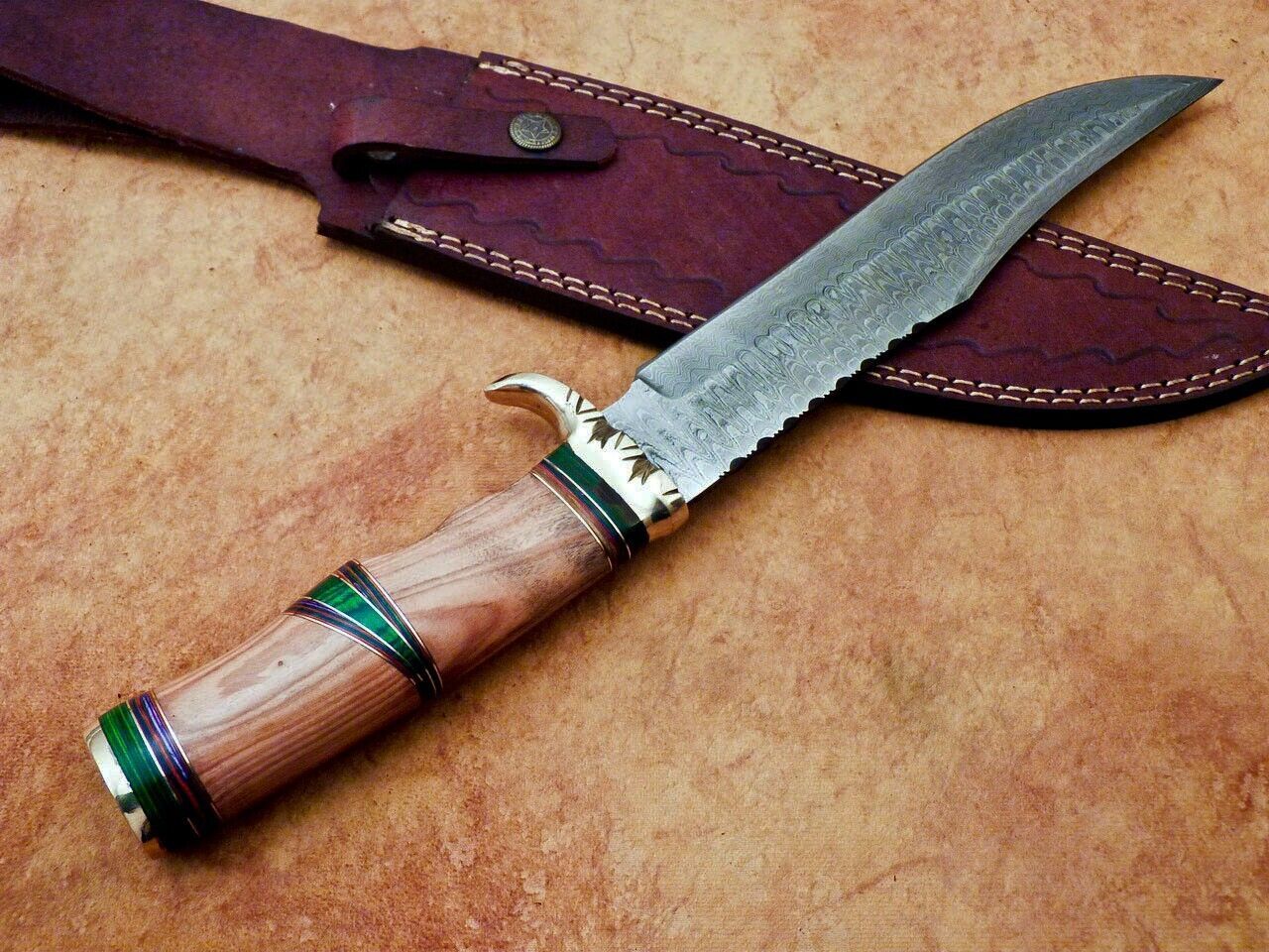 Heritage Forge Damascus Steel Bowie Knife with Olive Wood Handle for Camping and Hunting