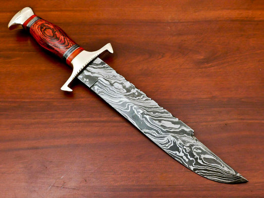 15.5" Hand Forged Damascus Bowie Hunting Knife | Hard Wood Handle