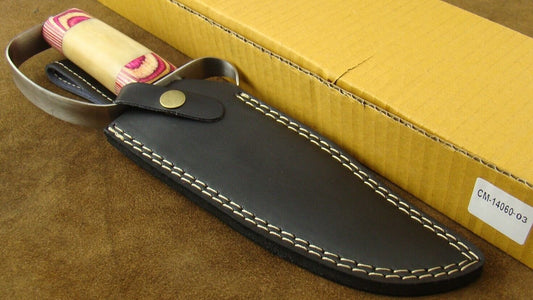 12.7" Handmade Damascus Steel D-Guard Bowie Hunting Knife – Camel Bone & Pakkawood Handle