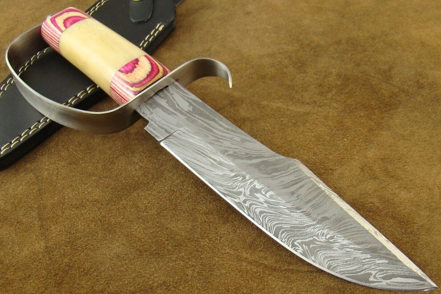 12.7" Handmade Damascus Steel D-Guard Bowie Hunting Knife – Camel Bone & Pakkawood Handle