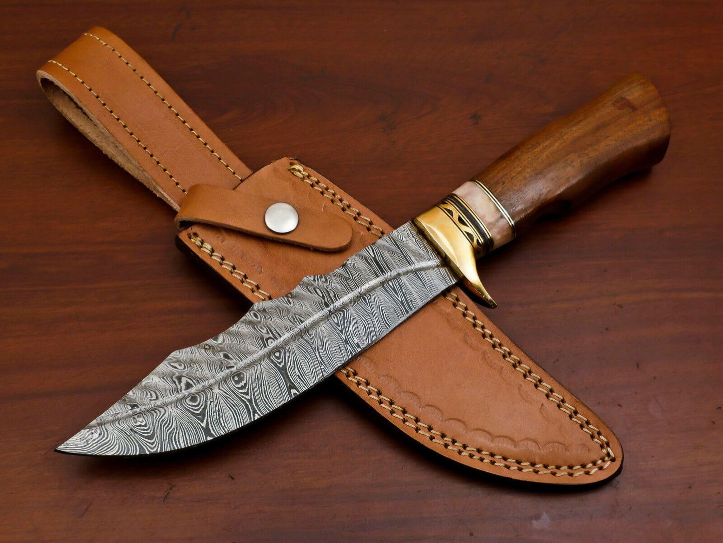 12" Damascus Steel Bowie Knife | Rosewood & Camel Bone Handle