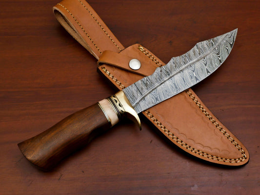 12" Damascus Steel Bowie Knife | Rosewood & Camel Bone Handle