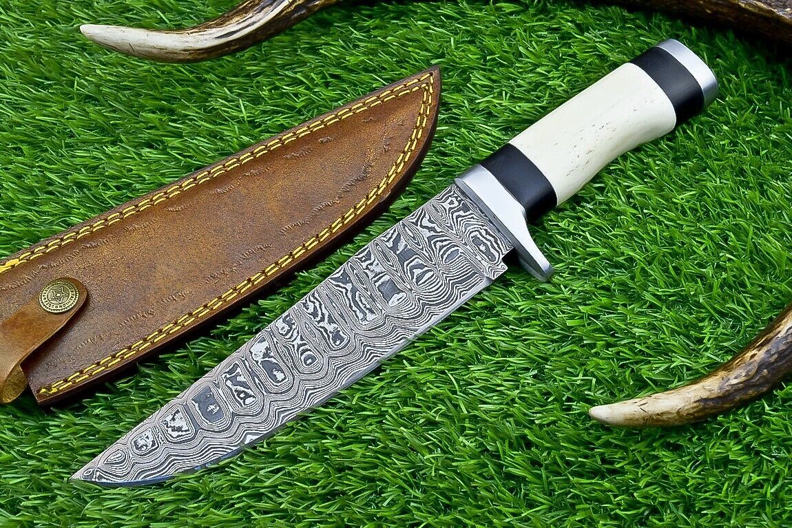 Custom Forged Damascus Steel Handmade Bowie Knife With Camel Bone Handle