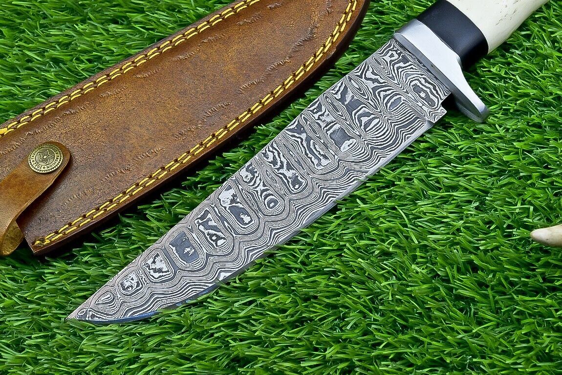 Custom Forged Damascus Steel Handmade Bowie Knife With Camel Bone Handle